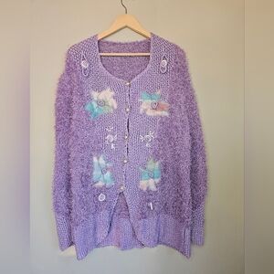 Purple hook  cardigan oversize 80's with ornaments of flowers and pearls